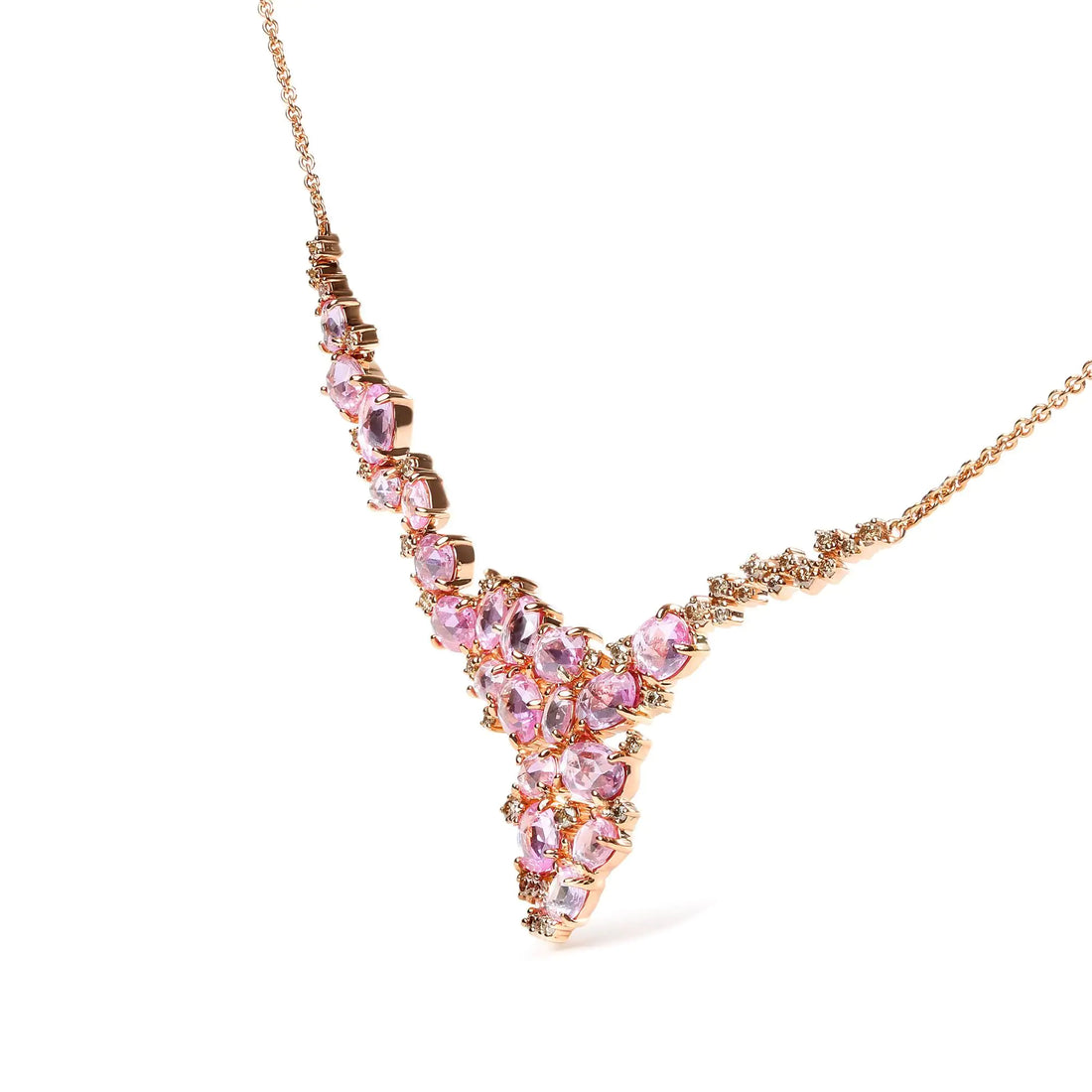 18K Rose Gold 1/2 Cttw Brown Diamond and Multi-Size Oval Pink Sapphire Cluster Cascade Statement Station Necklace (Brown Color, SI1-SI2 Clarity) - Adjustable up to 14&quot; to 16&quot;