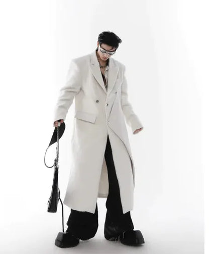 White Padded Shoulder Woolen Trench Coat