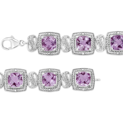 .925 Sterling Silver 7x7 mm Cushion Cut Purple Amethyst and 1/10 cttw Round Cut Diamond Square Shape Tennis Bracelet (I-J Color, I1-I2 Clarity) - 7&quot;