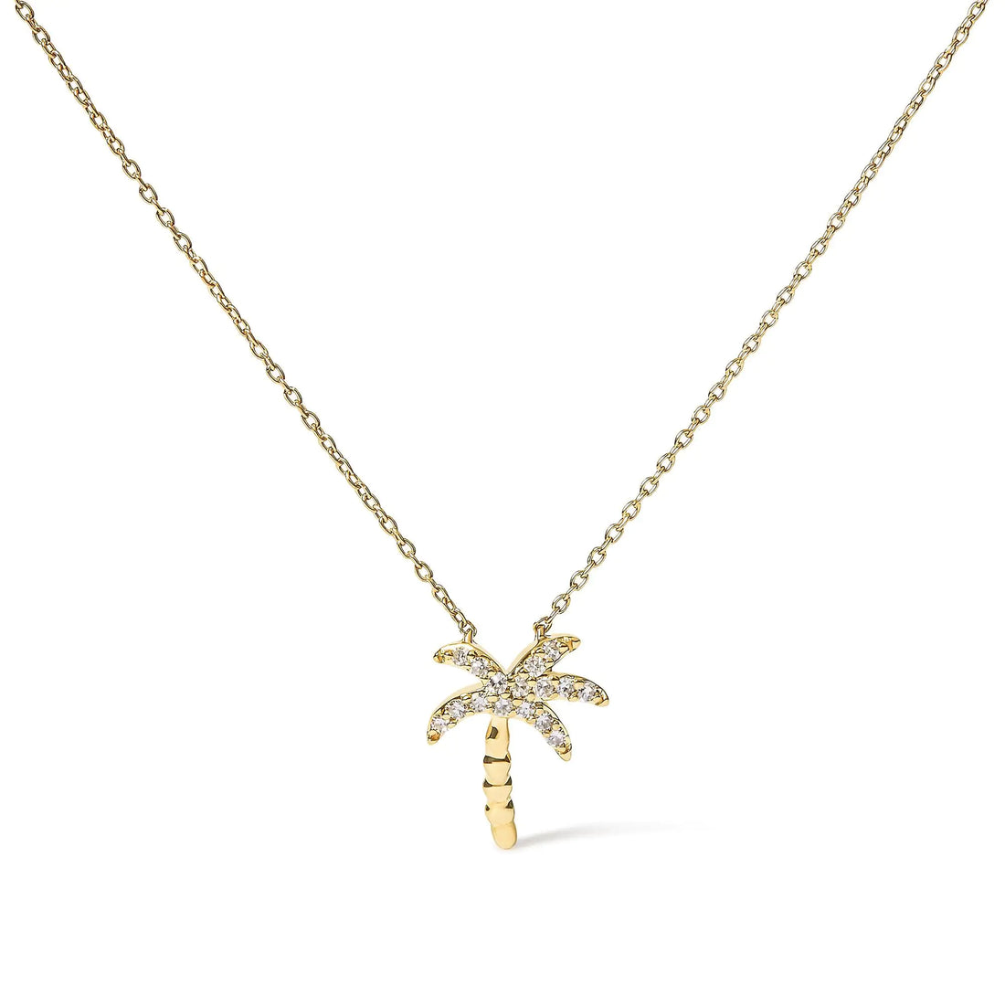 10K Yellow Gold 1/10 Cttw Round Diamond Palm Tree 18&quot; Inch Pendant Necklace (H-I Color, I1-I2 Clarity)