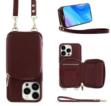 Crossbody Leather Case with Zipper &amp; Card Holder for Iphone