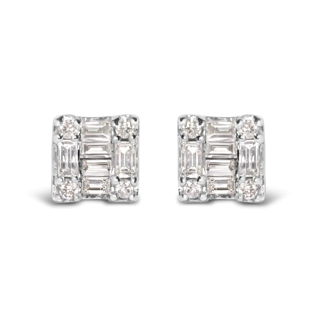 10K White Gold 1/7 Cttw Round and Baguette Diamond Mosaic Square Stud Earrings (H-I Color, I1-I2 Clarity)