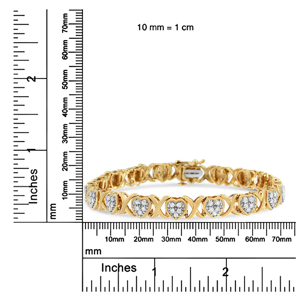 14KY Yellow Gold Plated .925 Sterling Silver 1.00 Cttw Diamond Heart and X Link Bracelet (I-J Color, I3 Clarity) - 7.25&quot; Inches