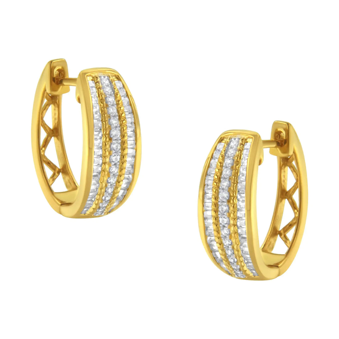 10K Yellow Gold 3/4 Cttw Pave and Channel Set Diamond Triple Row Modern Hoop Earrings (I-J Color, I2-I3 Clarity)