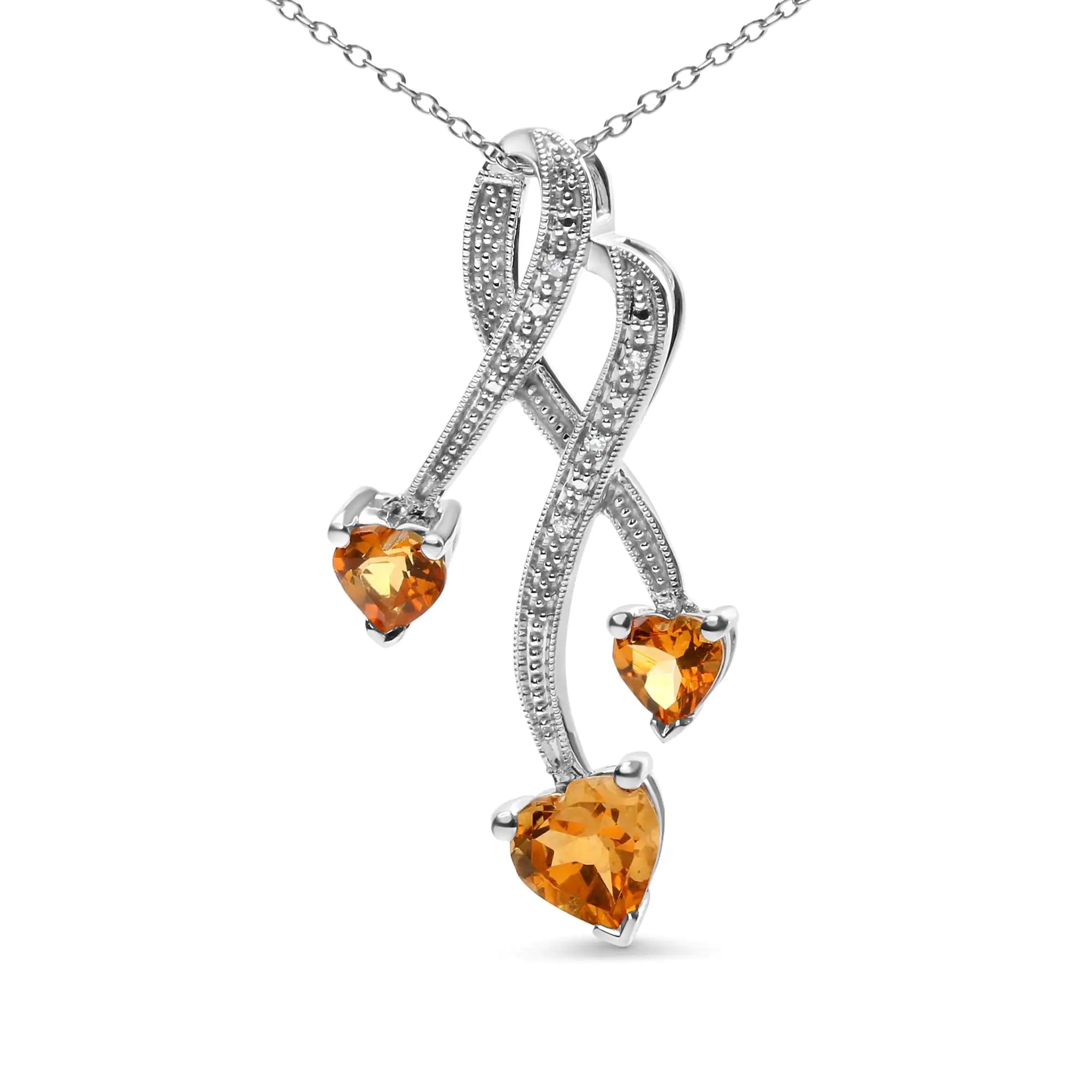 .925 Sterling Silver 3-Stone Heart Shape Citrine and Diamond Accent Spiral Drop 18&quot; Pendant Necklace (H-I Color, SI1-SI2 Clarity)