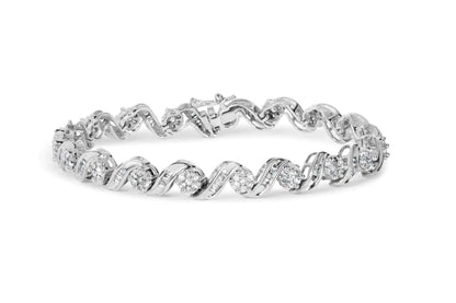 14K White Gold 2.00 Cttw Diamond Cluster and Spiral Link Bracelet (I-J Color, I1-I2 Clarity) - 7&quot;