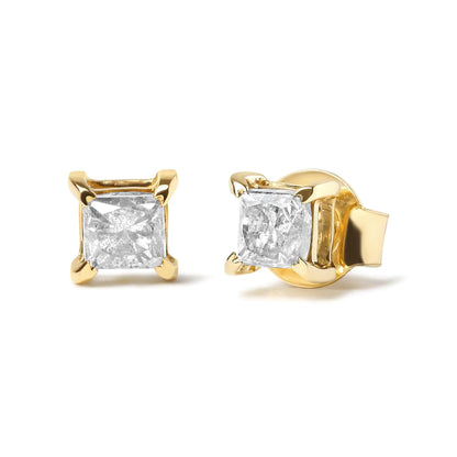 14K Yellow Gold 5/8 Cttw Princess Natural Brown Color Diamond 4-Prong Stud Earrings (Brown Color, SI2-I1 Clarity)