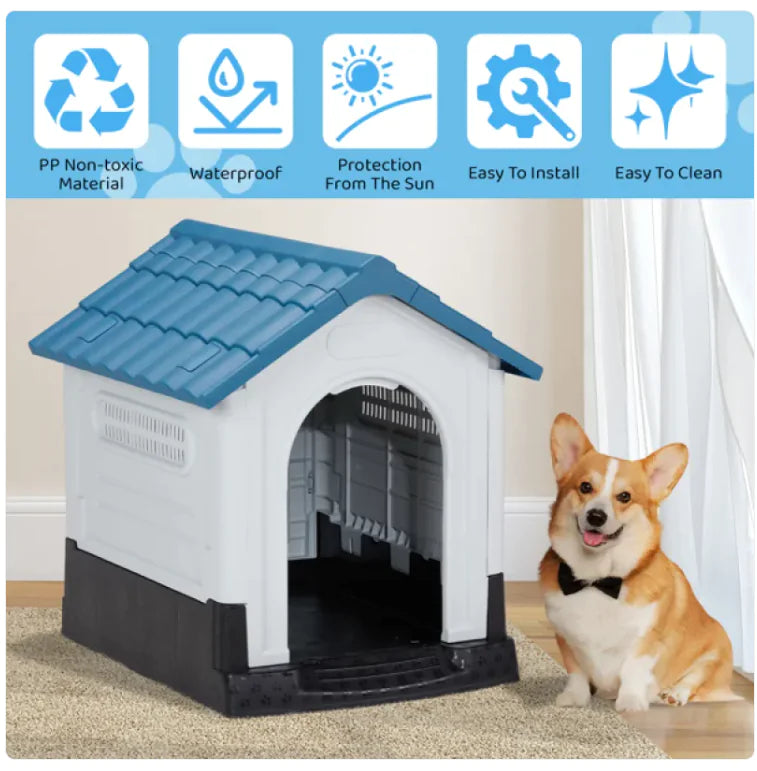 26-Inch Blue &amp; White PVC Pet Cottage with Shutter Design