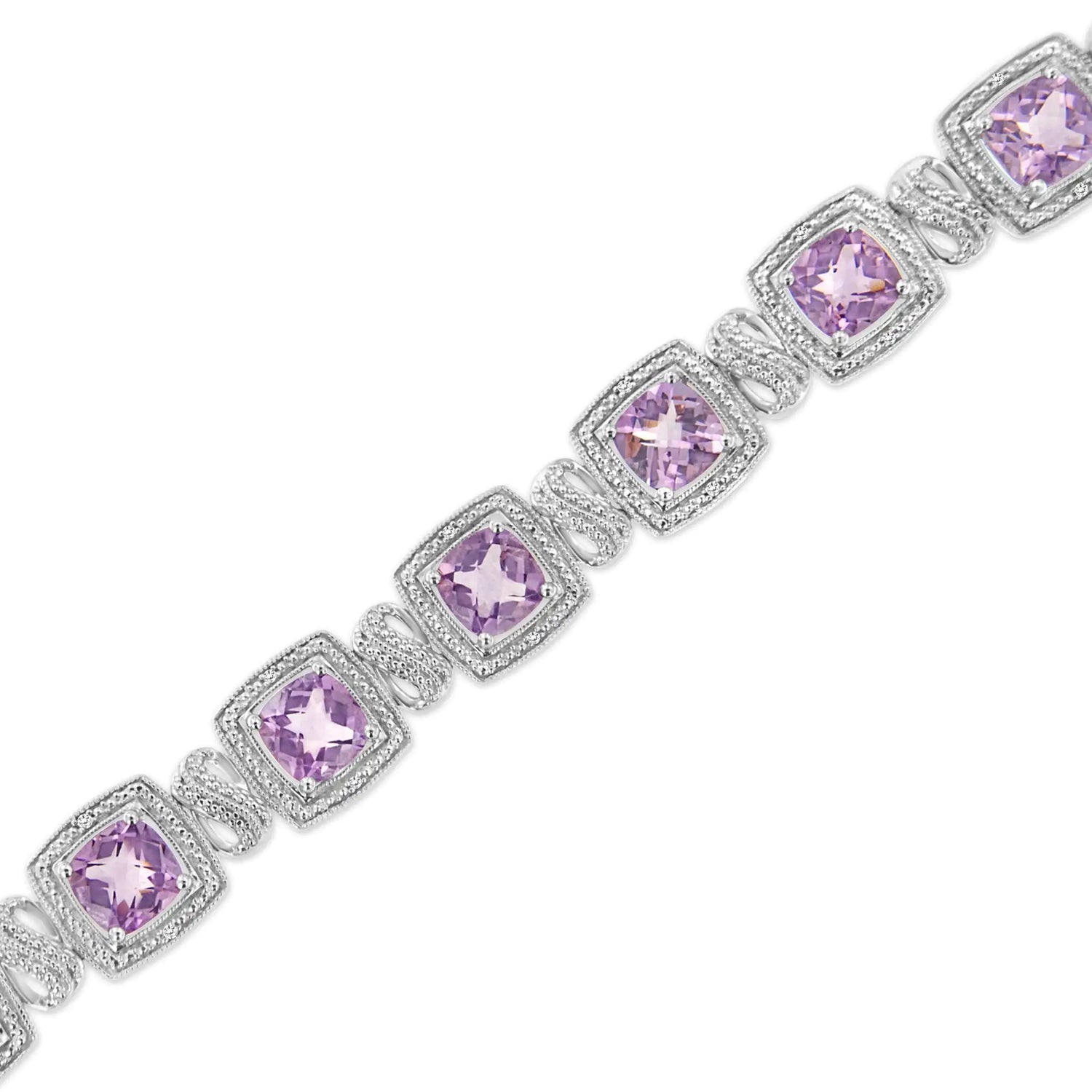 .925 Sterling Silver 7x7 mm Cushion Cut Purple Amethyst and 1/10 cttw Round Cut Diamond Square Shape Tennis Bracelet (I-J Color, I1-I2 Clarity) - 7&quot;